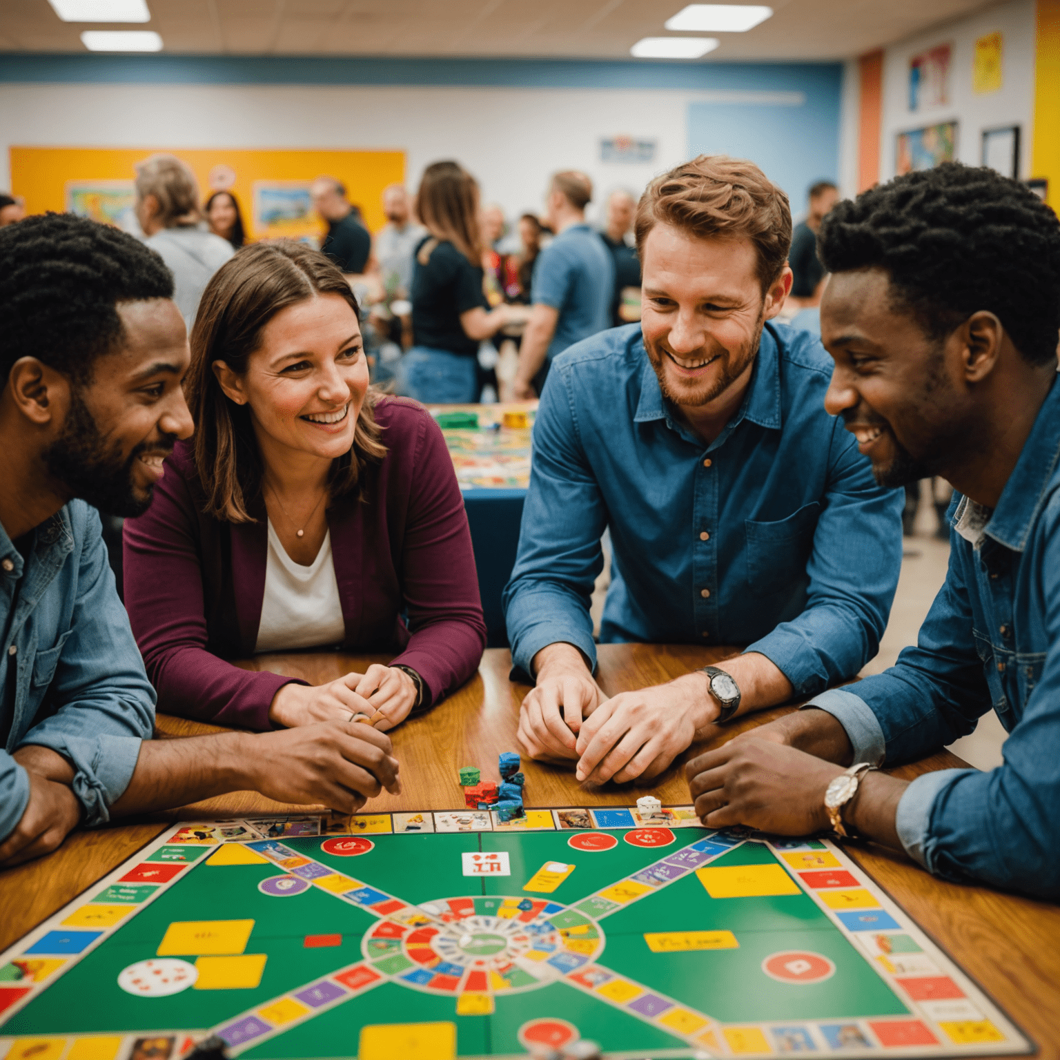 L'équipe de plincofr jouant à un jeu de société lors d'un événement communautaire. On voit quatre personnes autour d'une table, concentrées sur un plateau de jeu coloré. L'ambiance est joyeuse et conviviale.