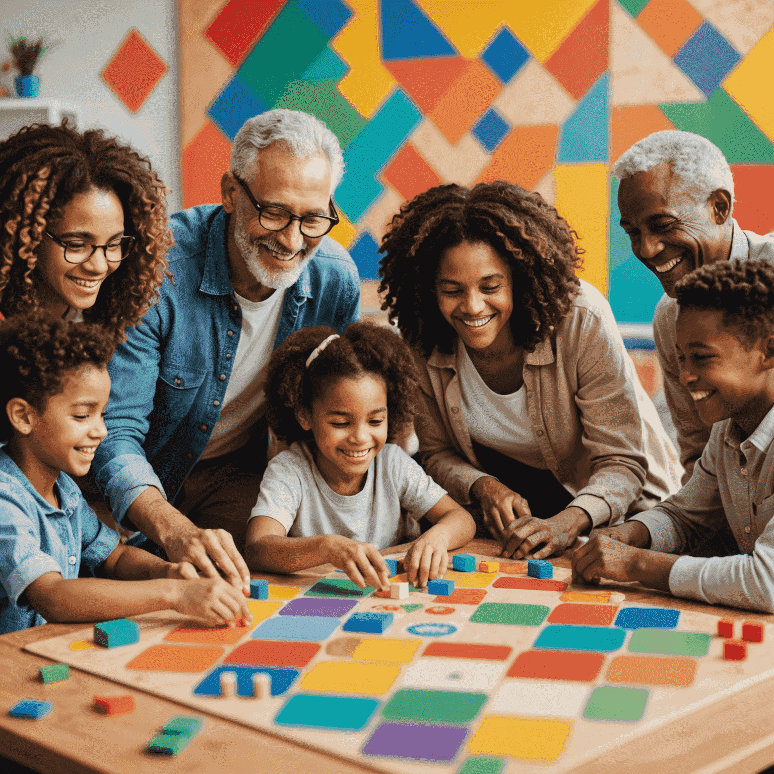 Un groupe diversifié de personnes de tous âges jouant à un jeu de société Plinco, souriant et interagissant autour d'un plateau coloré et de pièces géométriques