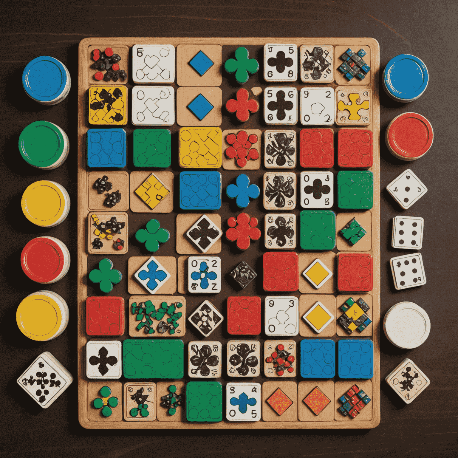 Cinq jeux de société disposés sur une table, chacun mettant en évidence des éléments de logique comme des pièces de puzzle, des cartes numérotées et des pions colorés.