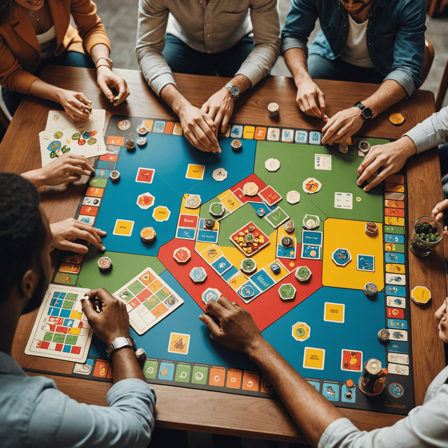 Un groupe diversifié de personnes jouant à un jeu de société innovant sur une table. Le jeu comporte des pièces colorées et des cartes uniques, et les joueurs semblent engagés et enthousiastes.