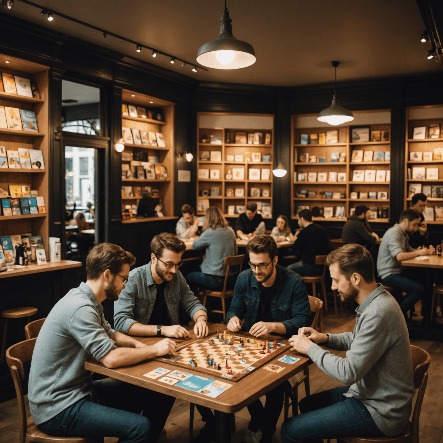 Un café jeux de société animé à Paris, avec des groupes de personnes jouant à divers jeux de plateau autour de tables en bois