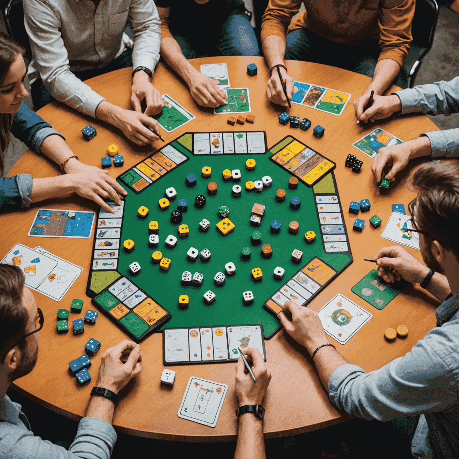 Une table avec des prototypes de jeux de société, des dés, des pions colorés et des cartes. Des personnes sont assises autour, discutant et dessinant des concepts de jeux.