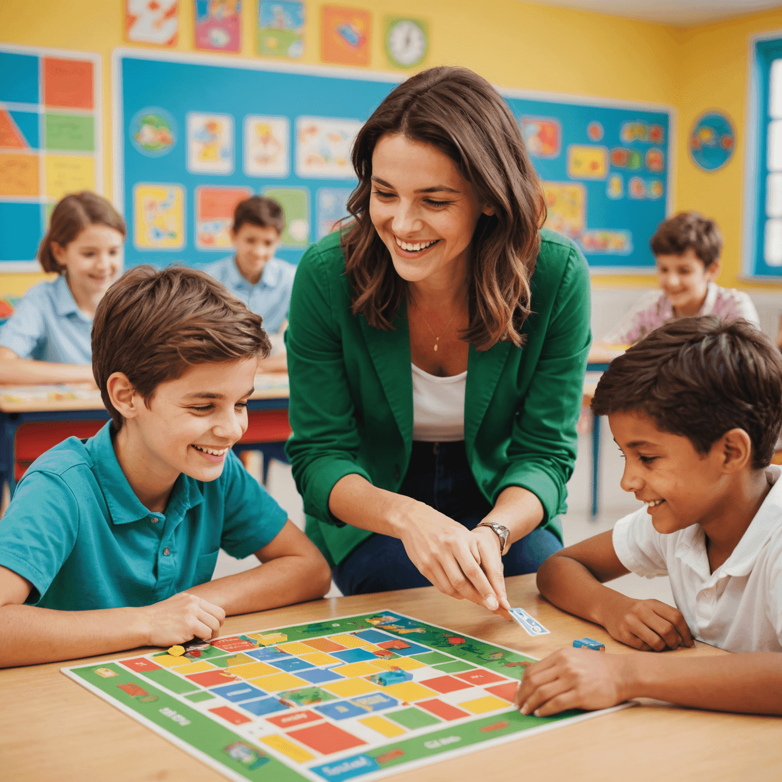 Des élèves français jouant à des jeux de société éducatifs dans une salle de classe lumineuse et colorée, avec un enseignant souriant qui les guide