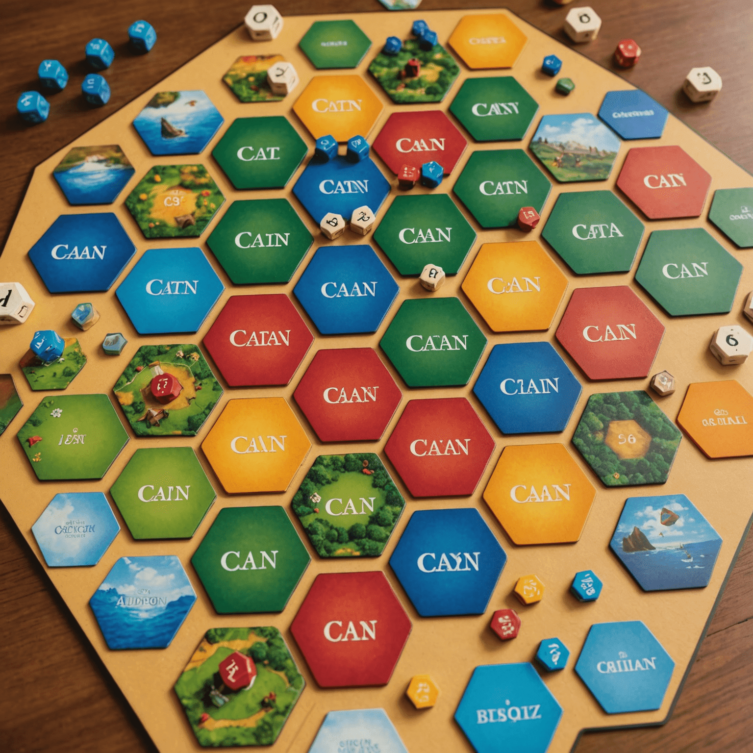 Le plateau coloré du jeu Catan avec ses hexagones représentant différentes ressources, entouré de pièces de jeu et de cartes