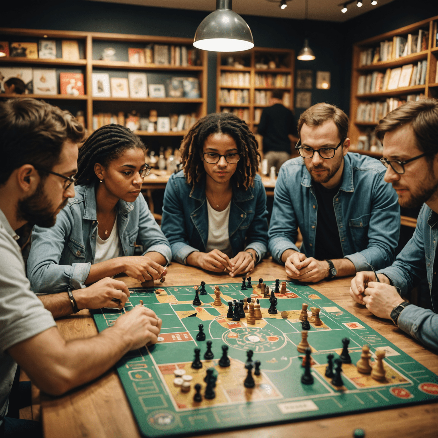 Un groupe diversifié de personnes jouant à un jeu de stratégie complexe dans un café jeux parisien, avec des étagères remplies de jeux en arrière-plan