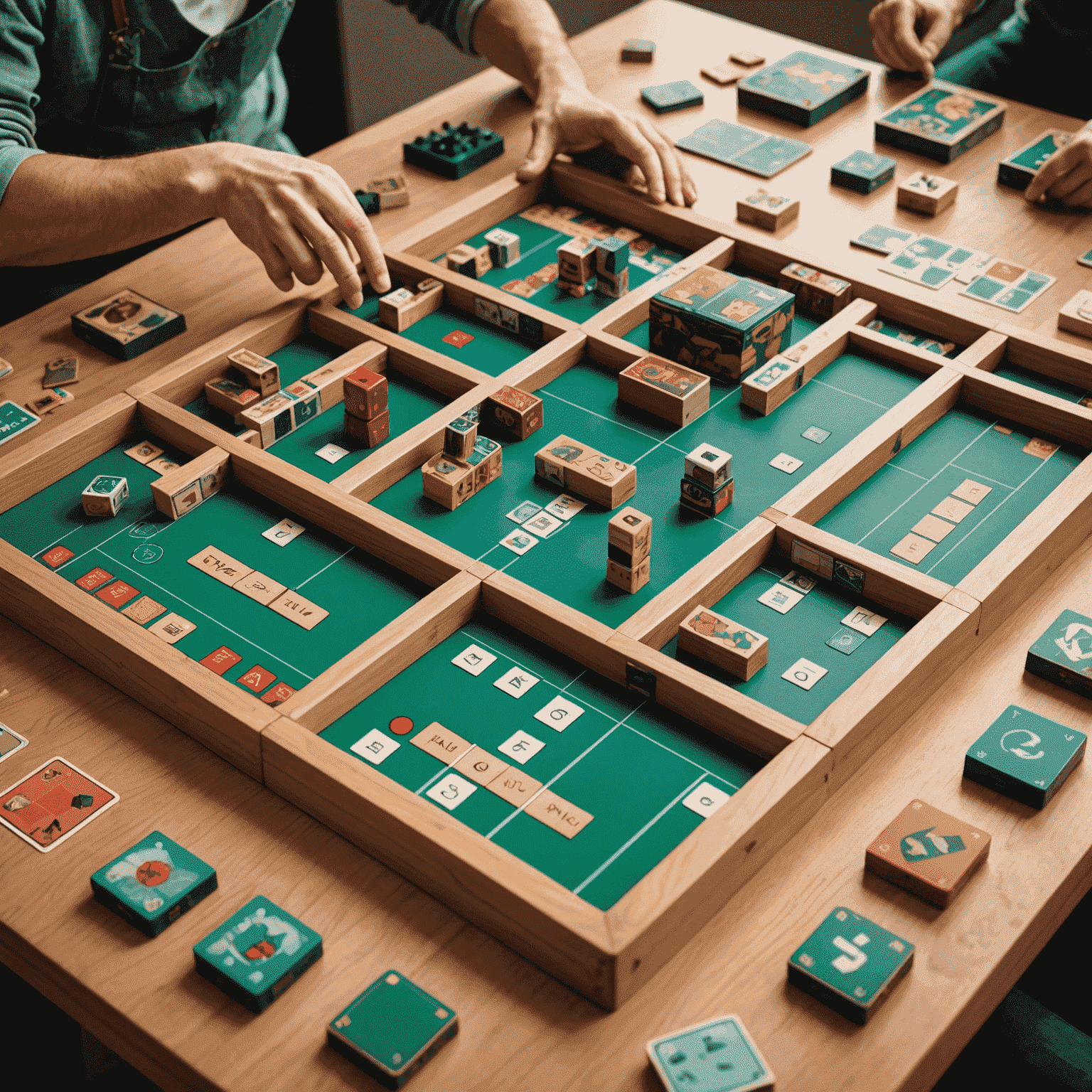 Une table remplie de jeux de société innovants avec des composants uniques comme des blocs de construction, des cartes illustrées et des plateaux modulaires.