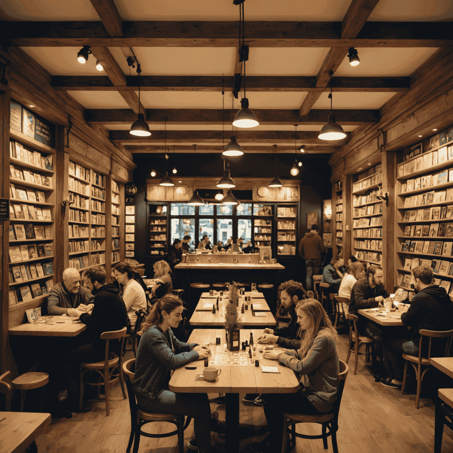 L'intérieur chaleureux d'un café jeux français, avec des étagères remplies de jeux de société et des groupes de personnes jouant à des tables.