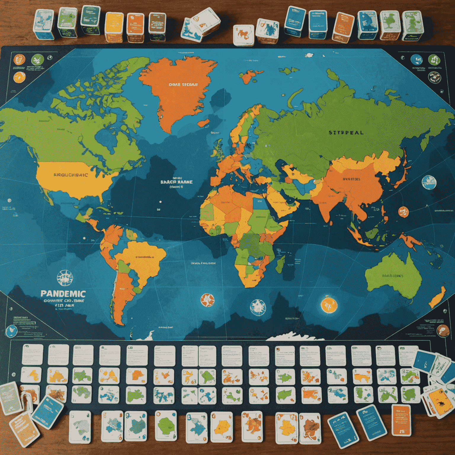 Le plateau de jeu Pandemic montrant une carte du monde avec des cubes colorés représentant la propagation de maladies, et des cartes de jeu étalées