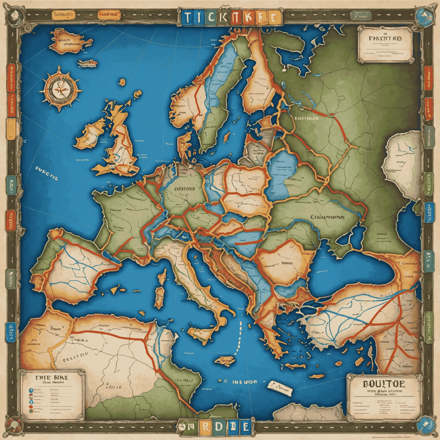 Le plateau de Ticket to Ride représentant une carte de l'Europe avec des routes colorées, des trains miniatures et des cartes de destination