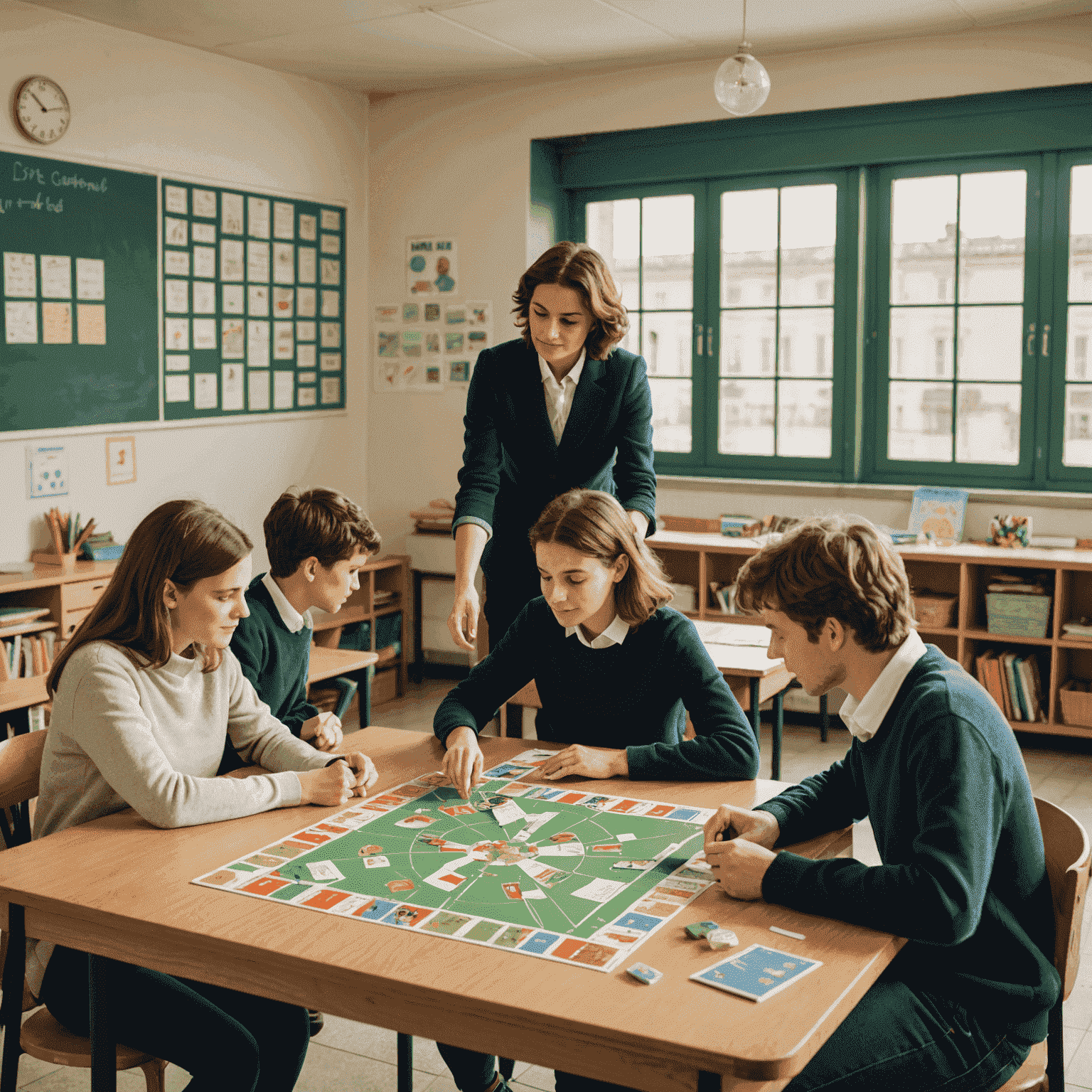 Une salle de classe française où des élèves et un enseignant sont engagés dans un jeu de société éducatif, avec des tableaux et des affiches pédagogiques en arrière-plan.