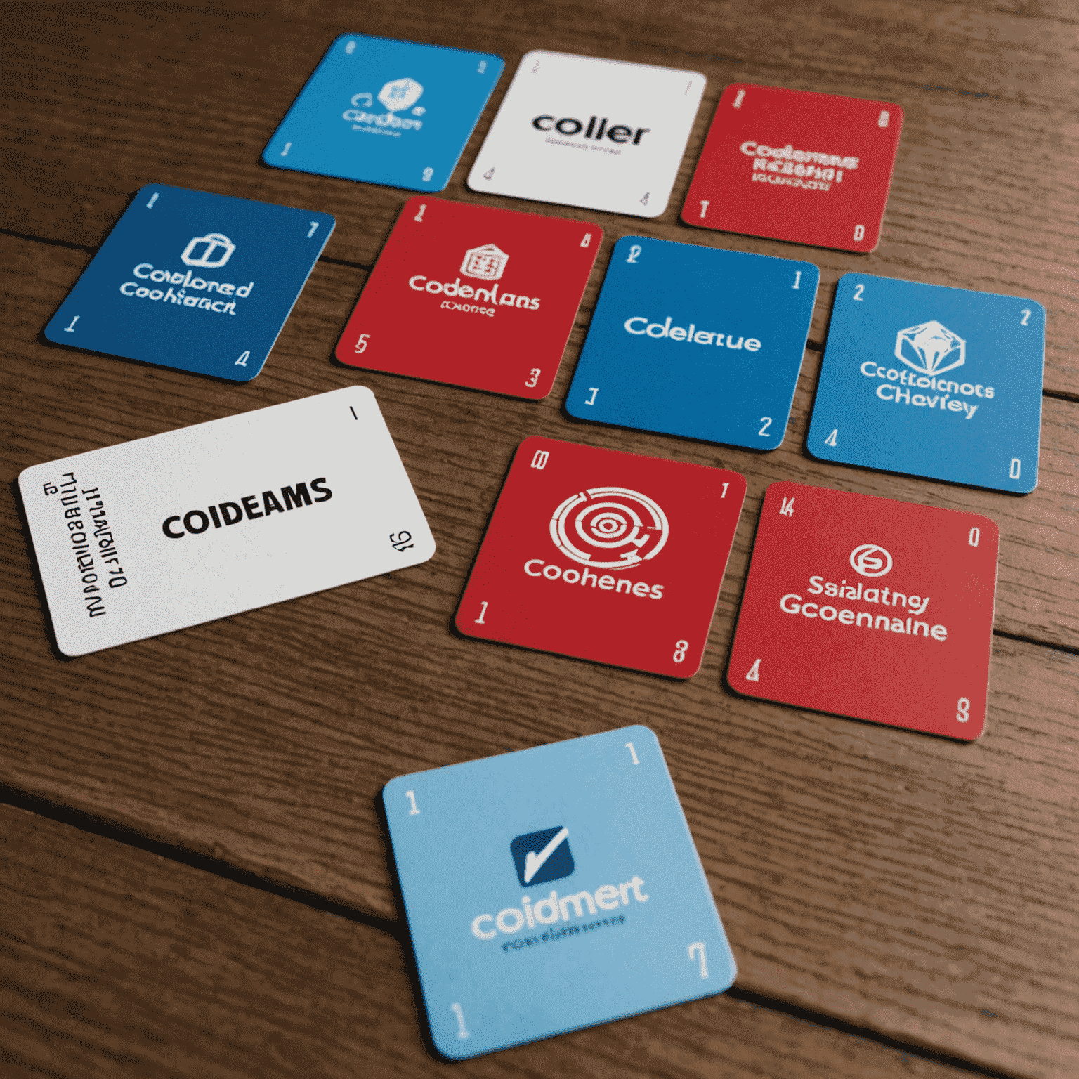 Une grille de cartes mots pour Codenames disposée sur une table, avec des cartes indices et des pions d'équipe rouge et bleu